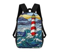 sinyumoney Mochila Infantil 3D Lighthouse Stained Glass Ocean Waves Mochilas Estampadas Mochila Escolar Ligera Mochila Escolar Divertida Y Moderna Mochila De Día Para Estudiantes Para Niños 17inch