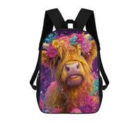 sinyumoney Mochila Infantil Impresa En 3D 17inch Floral Highland Cow Art Print Mochila Escolar Ligera De Viaje De Moda Para Niños Y Estudiantes
