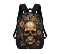 sinyumoney Mochila Para Niñas Golden Skull with Flowers Mochila Escolar Impresa En 3D Para Niños Mochila Informal De Día Mochila Ligera Para Estudiantes De Secundaria 17inch