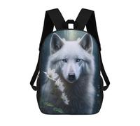 sinyumoney Mochilas De Viaje Lindas Impresas En 3D White Wolf with Flowers Mochila Escolar Para Niños, Mochila Informal Para Exteriores, Mochilas De Moda Informales Para Niños Para Niñas 17inch