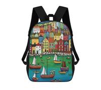 sinyumoney Mochilas Escolares Para Niños Impresas En 3D Colorful Coastal Village Scene Mochila De Moda Mochila Informal De Viaje Para Niños Mochila De Gran Capacidad Para Niños Y Niñas 17inch