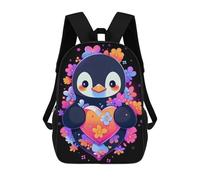 sinyumoney Mochilas Impresas En 3D 17inch Penguin Flowers And Hearts Mochilas Para Niños Mochila Escolar Para Niños Bolsas De Viaje Lindas Mochila Informal Para Exteriores Para Niños