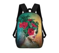 sinyumoney Mochilas Infantiles De 17 Pulgadas Floral Woman Portrait Art Print Mochila Escolar Impresa En 3D Para Niños Mochilas De Viaje De Moda Para Niños Y Estudiantes