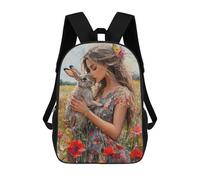 sinyumoney Mochilas Infantiles De 17 Pulgadas Girl with Rabbit in Flower Field Mochila Escolar Impresa En 3D Para Niños Mochilas De Viaje De Moda Para Niños Y Estudiantes