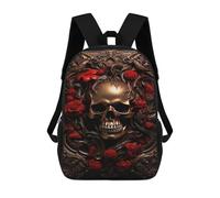 sinyumoney Mochilas Infantiles De 17 Pulgadas Golden Skull with Red Roses Art Print Mochila Escolar Impresa En 3D Para Niños Mochilas De Viaje De Moda Para Niños Y Estudiantes