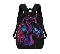 sinyumoney Neon Horse Headphones Art Print Mochila Escolar Infantil De 17 Pulgadas, Mochila Escolar Impresa En 3D Para Niños De Primaria Y Secundaria
