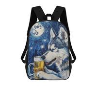 sinyumoney Night Wolf with Beer Mug Mochila Escolar Infantil De 17 Pulgadas, Impresa En 3D, Estilo Casual, Para Niños, Ideal Para Viajes, Como Mochila Escolar O Para Llevar Libros.