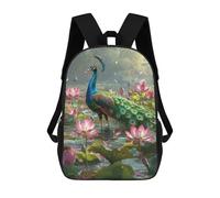 sinyumoney Peacock with Lotus Flowers Mochila Infantil De 17 Pulgadas, Mochila Escolar Con Estampado 3D De Dibujos Animados Para Niños Y Adolescentes.