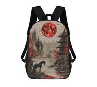 sinyumoney Red Moon Asian Landscape with Horse Mochila Escolar Infantil De 17 Pulgadas, Impresa En 3D, Estilo Casual, Para Niños, Ideal Para Viajes, Como Mochila Escolar O Para Llevar Libros.
