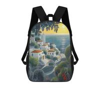 sinyumoney Seaside Village at Sunset in Pointillist Style Mochila Escolar Para Niñas Y Niños, Mochilas De Gran Capacidad, Mochilas Ligeras Para Niños Y Estudiantes 17inch