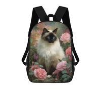 sinyumoney Siam Cat with Pink Roses Mochila Escolar De 17 Pulgadas Para Adolescentes, Con Estampado 3D, Ajustable Y Con Bolsillos, Ideal Para Niños, Niñas Y Estudiantes.