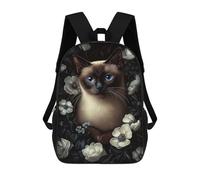 sinyumoney Siamese Cat Portrait with White Flowers Mochila Infantil De 17 Pulgadas, Mochila Escolar Con Estampado 3D De Dibujos Animados Para Niños Y Adolescentes.