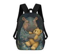 sinyumoney Sleeping Hippo with Teddy Bear Mochila Infantil, Mochila Escolar De Gran Capacidad Para Estudiantes, Mochila Para Libros, Mochila Para Niños, Niñas, Adultos Y Adolescentes 17inch