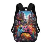 sinyumoney Vibrant Gaming Controller in A Futuristic Cityscape Mochila Escolar Impresa En 3D Para Niños Y Niñas, Mochila Escolar, Mochila De Viaje Para Niños 17inch
