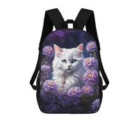 sinyumoney White Cat with Purple Flowers Mochila Escolar Para Niñas Y Niños, Mochilas De Gran Capacidad, Mochilas Ligeras Para Niños Y Estudiantes 17inch