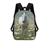 sinyumoney White Horse in Daisy Field-2 Mochila Infantil De 17 Pulgadas, Mochila Escolar Con Estampado 3D De Dibujos Animados Para Niños Y Adolescentes.