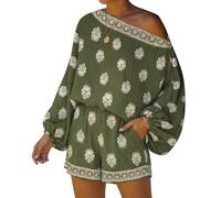 Sinyuyong Conjunto de 2 piezas de lino for mujer, camiseta bohemia con manga farol y pantalones cortos de cintura alta a juego, conjuntos de verano for vacaciones en la playa(Green,S)