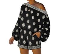 Sinyuyong Trajes de vacaciones de playa de verano for mujer 2 piezas Boho Set fuera del hombro manga linterna mezcla de lino Top(Black,XXL)