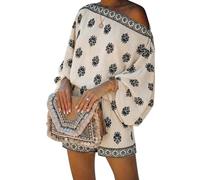 Sinyuyong Trajes de vacaciones de playa de verano for mujer 2 piezas Boho Set fuera del hombro manga linterna mezcla de lino Top(White,M)