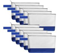 Sinzip 10 bolsas de maquillaje de lona de algodón con parte inferior y correa, bolsa de cosméticos multiusos con cremallera, bolsa de aseo de viaje, bolsa de manualidades en blanco, Blanco&azul, M