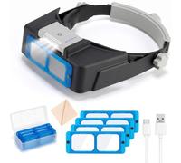SINZONeu Lupa Frontal con Luz - Recargable, 4 LED 3 Niveles, Indicador de Batería, Lentes Intercambiables 1,5X-3,5X, Diadema Ajustable - para Trabajos de Precisión, Lectura, Manualidades