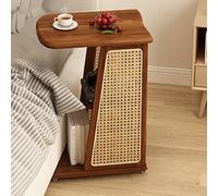 SIONDSTS Mesita de madera maciza con ruedas, mesa lateral de 2 niveles con estante abierto, mesa lateral de ratán giratoria 360°, mesa estrecha para salón y oficina, natural, 70 cm