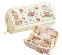 SIORTIO Estuche multicapa de gran capacidad con estampado capibara peculiar y divertido, Beige-2, Estampado Capybara, multicapa