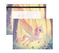 siphylline Caja de lápices resistente con 3 agujeros para carpeta de 3 anillos, paquete de 2 unidades, para estudiantes, oficina, lindos unicornios de dibujos animados con alas arcoíris colorido