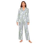 siphylline Conjunto de pijama de seda para mujer, ligero y cómodo, ropa de descanso para mujer, tallas S-XXL, Lirio minimalista pastel del valle, XL