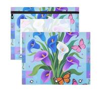 siphylline Estuche para lápices con cremallera suave, bolsa de almacenamiento para cartas de papel A4, paquete de 2 unidades para estudiantes de vuelta a clases, hermosos lirios de cala azul y morado