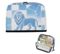 siphylline Estuche para lápices de gran capacidad, estuche para cosméticos, bonito estuche de papelería para estudiantes de secundaria, Leo, azul y blanco a cuadros