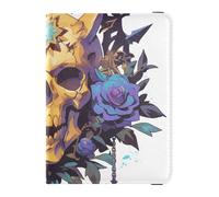 siphylline Skull Art Thorny Blue Roses - Cartera de piel para pasaporte y tarjeta de vacunación, cartera para pasaporte, bonito libro para pasaporte, impermeable