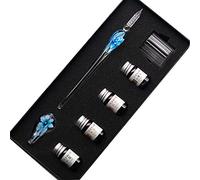 SIPLIV kit de pluma estilográfica de cristal de intarsia hecho a mano con firma de caligrafía pluma con tinta de 4 colores, portalápices, taza de limpieza, azul claro