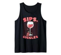 Sips and Giggles Wine Alcohol Kawaii Lindo Divertido Camiseta sin Mangas