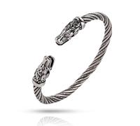 SIPURIS Brazalete vikingo nórdico para hombre, anillo de brazo con cabeza de lobo Fenrir de Odín, acero inoxidable, cable trenzado y ajustable, pulsera abierta para hombre, Acero inoxidable, No es una