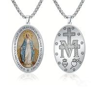SIPURIS Collar de medalla milagrosa vintage para mujeres y hombres, colgante católico de Nuestra Señora de Gracia María, amuleto de fe de protección religiosa retro, 1.1*1.77in, Acero inoxidable, Sin
