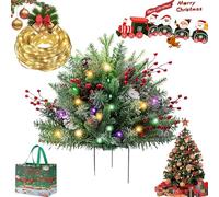 SiQiYu Relleno de urna artificial preiluminado para árbol de Navidad, arbustos de Navidad con estaca de trípode, rellenos de macetas de pino de Navidad alimentados por pilas para patio, jardín