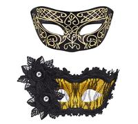 SIQUK 2 Piezas Máscara Mascarada para Parejas, Veneciana Media Cara para Halloween Carnaval, Negro y Oro
