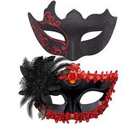 SIQUK 2 Piezas Máscara Mascarada Parejas Máscara Veneciana Mujer Hombre Media Cara Máscara para Mascarada Halloween Carnaval, Negro & Rojo