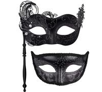 SIQUK 2 Piezas Máscara Veneciana Máscara Mascarada Parejas Mujer Hombre Máscaras de Disfraces Máscara de Mascarada con Palo Media Cara Máscara para Carnaval Halloween, Negro
