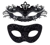 SIQUK 2 Piezas Máscara Veneciana para Parejas - Media Cara para Mujer y Hombre - Halloween Carnaval, Negro