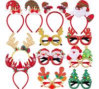 SIQUK 6 Piezas Diadema Navideña y 6 piezas de Gafas de Navidad para Disfraz de Reno Divertido Diadema Árbol de Navidad Anteojos para Fiestas y Decoraciones Navideñas