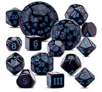 SIQUK Juego completo de dados poliédricos de 15 piezas D3-D100 con una bolsa de almacenamiento de cuero con cordón para juegos de mesa, negro y azul