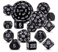 SIQUK Juego completo de dados poliédricos de 15 piezas D3-D100 con una bolsa de almacenamiento de cuero con cordón para juegos de mesa, blanco y negro