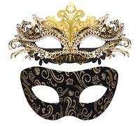 SIQUK Máscara de metal para baile de máscaras para parejas, máscara veneciana para Halloween, máscara de Mardi Gras para parejas, mujeres y hombres, aleación incrustada en negro y dorado