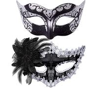 SIQUK - Máscaras venecianas de plástico para parejas, con lentejuelas, disfraz de Halloween, máscara de diamantes de imitación para Mardi Gras, para mujeres y hombres, Negro y plateado