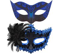 SIQUK - Máscaras venecianas de plástico para parejas, con lentejuelas, disfraz de Halloween, máscara de diamantes de imitación para Mardi Gras, para mujeres y hombres, Negro y azul