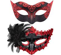 SIQUK - Máscaras venecianas de plástico para parejas, con lentejuelas, disfraz de Halloween, máscara de diamantes de imitación para Mardi Gras, para mujeres y hombres, Negro y rojo