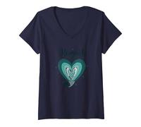 Sirena En Corazón Océano Amante Fantasía Mar Conchas Camiseta Cuello V, Mujer, Azul Marino, XL