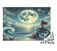 Sirena en Mar a la Luz de la Luna Puzzle de 1000 Piezas Papel para Adultos Vista Nocturna Fantasía Juego Relajante Decorativo Familiar 70x50cm/1000pcs